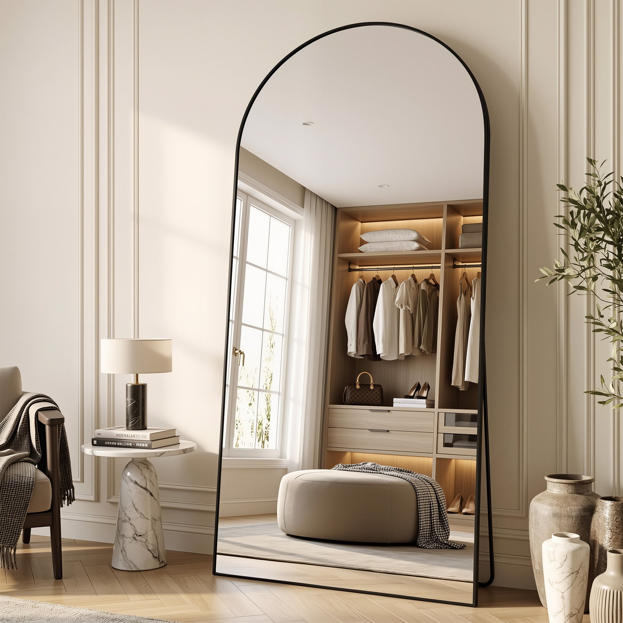 Suidia Arched Full Length Mirror with Stand, Full Body Mirror with Aluminum Frame, Freestanding/Leaning/Wall-Mounted, Floor Mirrors for Bedroom, Living Room, Entryway, Dressing Room