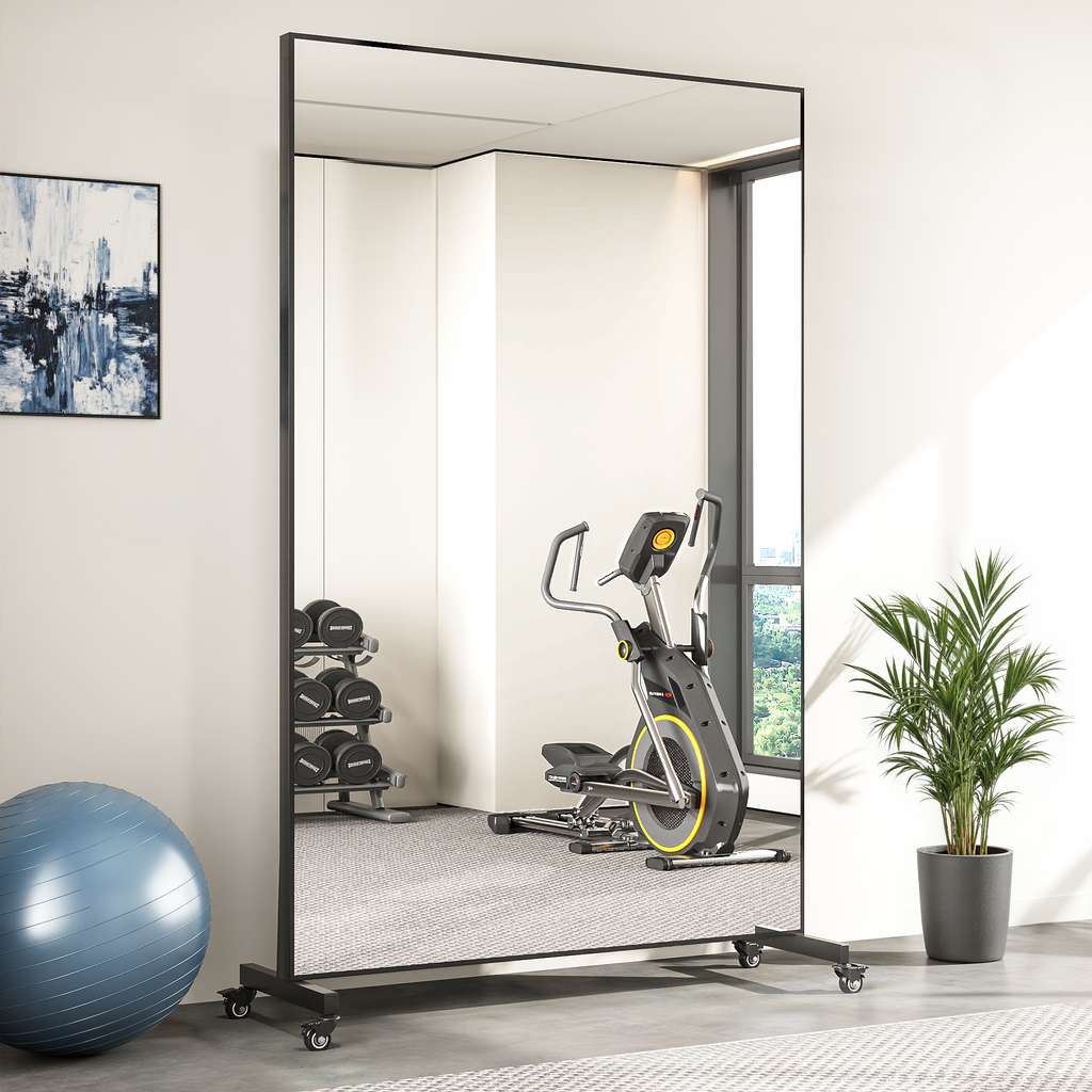 Suidia Extra Large Full Length Mirror on Wheels, 360° Swivel Rolling Mirror Floor, HD Tempered Glass Full Body Standing Mirrors for Home Gym, Yoga, Dance Studio, Bedroom, Rectangular