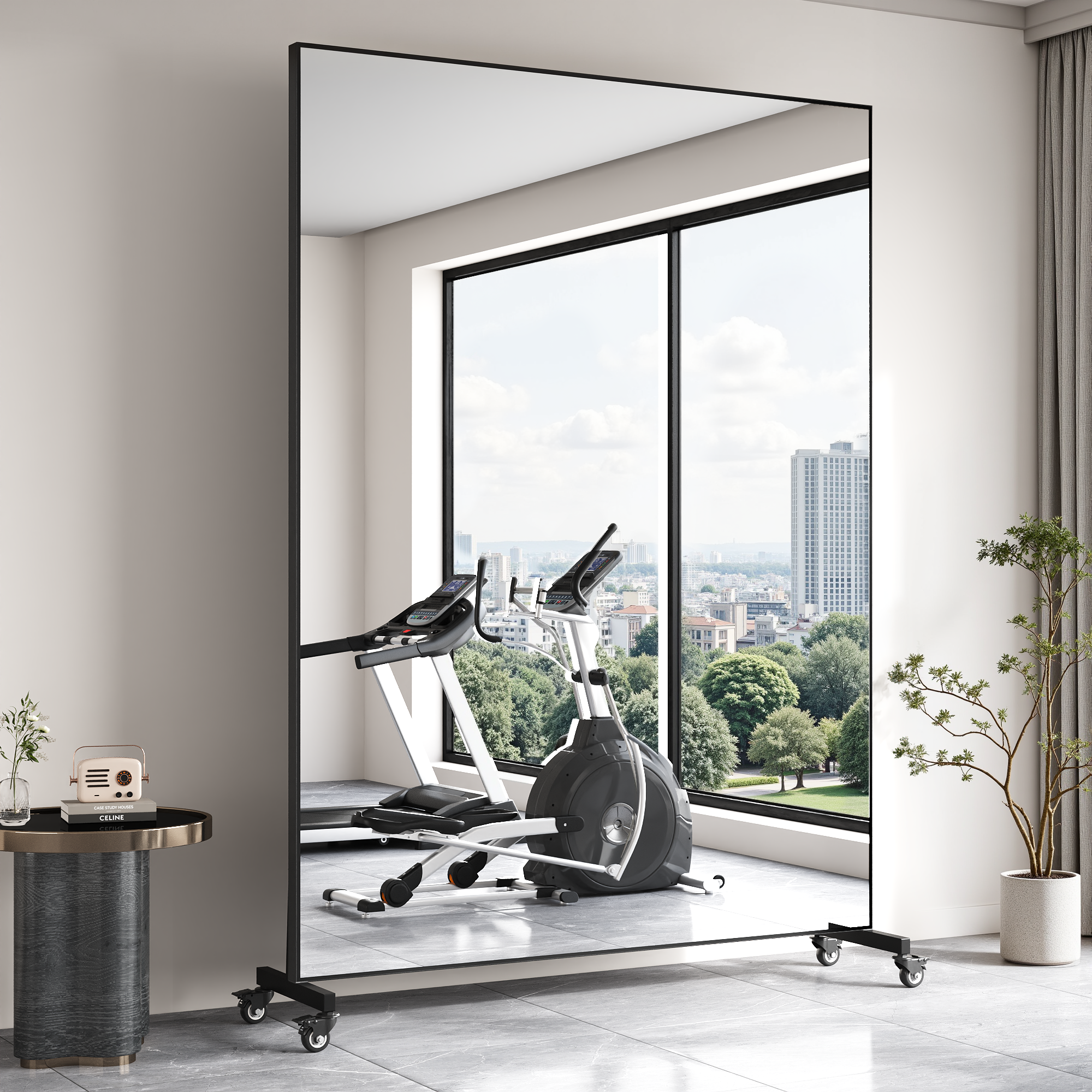 Suidia Extra Large Full Length Mirror on Wheels, 360° Swivel Rolling Mirror Floor, HD Tempered Glass Full Body Standing Mirrors for Home Gym, Yoga, Dance Studio, Bedroom, Rectangular